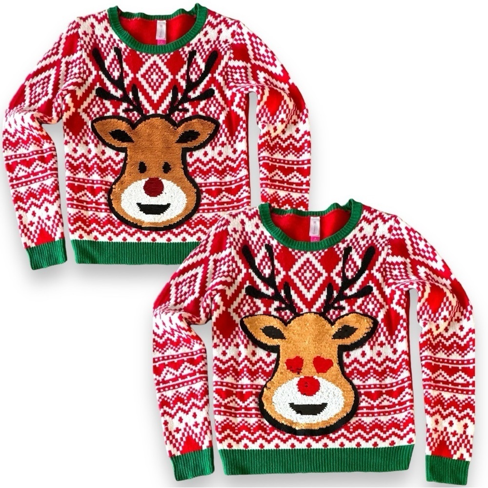 Junior M (7-9) Ugly Christmas Reindeer Flip Sequin Sweater